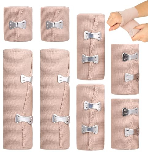 8 st kompressionsbandage, stödbandagelindor, tvättbara och återanvändbara elastiska bandage med självstängande klämmor för ankel, knä, handled, hand, fot och ben (5/7,5/10/15 cm) x 4,5 m