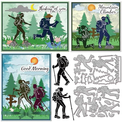 GLOBLELAND Stanzformen Für Bergcamping Kletterer Zum Gestalten von Karten Reise Silhouette Mann Frau Papierpräge Stanzschablonen Set Straßenschilder Metall Stanzformen Für DIY Scrapbooking Prägung