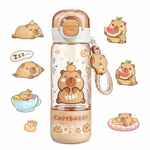 Capybara Water Bottle, Capybara Drinking Bottle With Lid & Keychain, Cute Water Bottle With Silicone Straw Tumbler & Spout Portable Heat Resistant, Capybara Bottle for School Girls Kids (510ML)