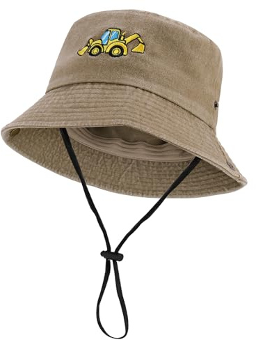 ViEinkaufen Chapeau bob pour enfants avec cordon de serrage réglable et mentonnière, protection d'été pour enfants avec pelleteuses pour 3 à 8 ans, beige