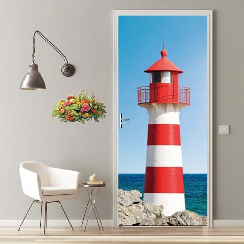 Türfolie Selbstklebend 3D Türaufkleber Leuchtturm Meer Türtapete Selbstklebend Türposter 90X200 cm Türverkleidung Türtattoo Poster Abnehmbar Fototapete für Wohnzimmer Schlafzimmer Küche Bad -MT2504