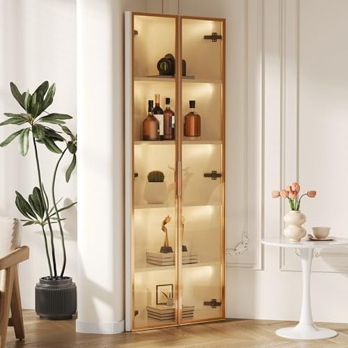 Merax LED-Glasvitrine 62x35x160 cm, staubdichter Schrank mit gehärtetem Glas, integrierte LED-Beleuchtung, als Sammlungsvitrine, Bücherregal, Weinschrank, Weiß