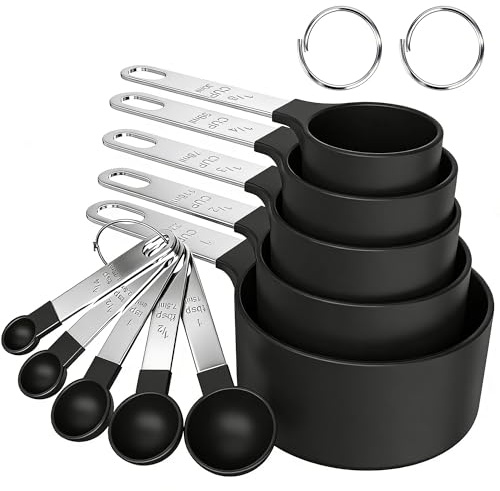 LauCentral 10-Piece Measuring Cups and Spoons Set, 5 Measuring Cups & 5 Spoons with Stainless Steel Handles, Dishwasher Safe & Stain Resistant, Nesting Set for Dry & Liquid Ingredients(Black)