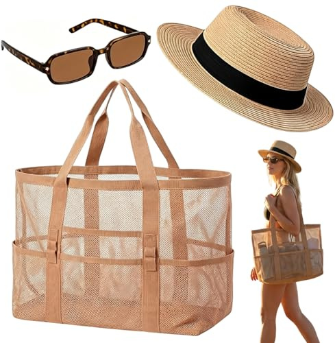 HATFRYF 3 PCS Wide Straw Hat Glasses Summer Beach Bags, Sun Beach Hat and Tote Bag Set