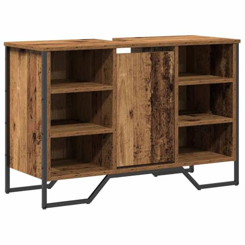Kaorsrow Mueble lavabo de madera antigua 91 x 35 x 60 cm de madera con marco de acero y 6 estantes, diseño moderno de madera robusta y duradera para pequeños baños y aseos de invitados