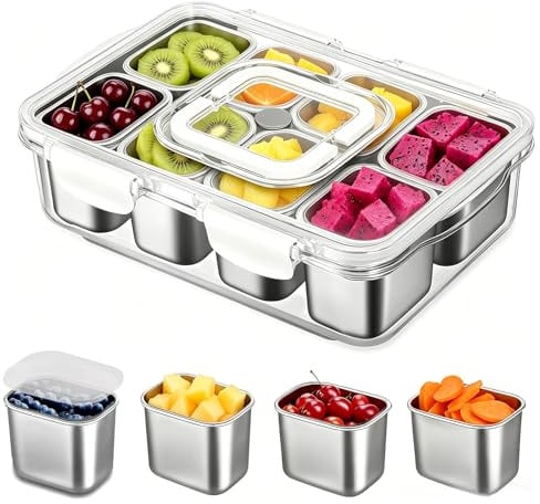 Snackbox mit 8 Edelstahl Fächern, Tragbare Snack Aufbewahrungsbox mit Deckel und Griff, auslaufsicherer Snack Organizer für Obst, Nüsse, Gemüse, Kekse – BPA-frei, ideal für Picknick & unterwegs