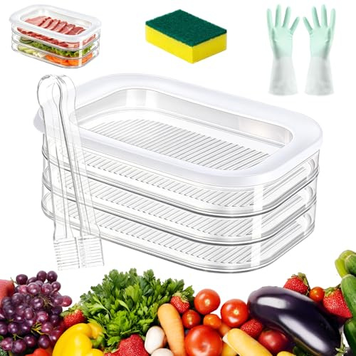 DVDVBOOM 2026 New Multi-layer Food Storage Box with Lid, Airtight Stackable Meat Container for Fridge, Transparent Plastic Food Storage Boxes with Lids for Ham Cheese Bacon (3 Layer)