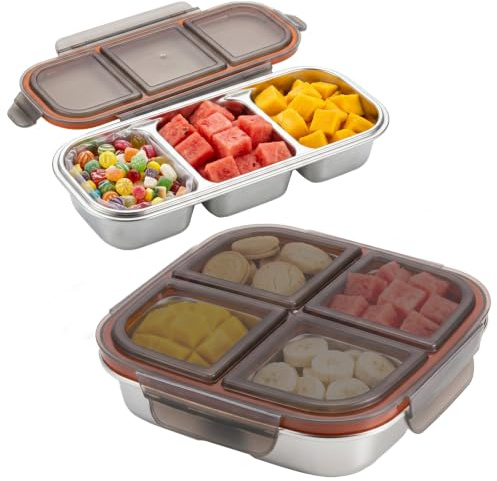 2uds Snack Box Con 3 Compartimentos, Fiambreras con 4 Compartimentos | Fiambrera Acero Inoxidable, Recipientes Herméticos para Alimentos con Tapa, Fiambrera para Adultos & Infantil