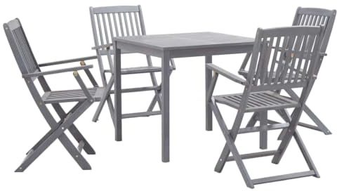 KGHERMDF 5-TLG. Garten-Essgruppe Massivholz Akazie Grau | 4 Klappstühle, 1 Tisch, Wetterbeständig, Pflegeleicht, Belastbar bis 110 kg pro Sitz