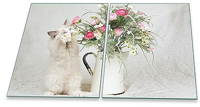 Herdabdeckplatte Abdeckung Ceranfeld Abdeckplatte Schneidebrett 2-Teilig 80x52 Katze Grau Spritzschutz Glasplatte Ceranfeldabdeckung Schutz Herdschutz Sicherheitsglas Glasschneidebrett 2x40x52