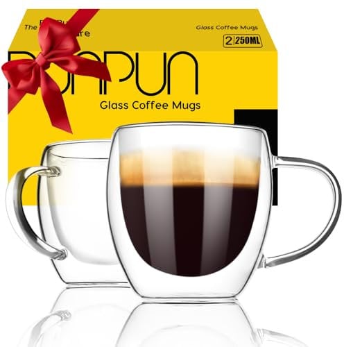 Punpun Double Wall Insulated Espresso Glass Cups Set of 2 - Perfect for Latte, Cappuccino & Hot Chocolate (250ml/8.5oz)
