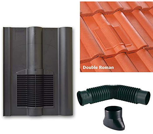 Grey Roof Tile Vent - Double Roman Vents with 100mm Flexi Pipe & Adaptor - Compatible with Sandtoft, Marley, Redland & Russell Tiles