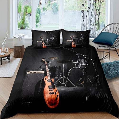 Guitar Duvet Cover Rock Music Themed Comforter Cover for Kids Boys Girls Teens Band Musical Instrument Black Skin-Friendly Microfiber Bedding Decor 3Pcs Bedspread Cover Double