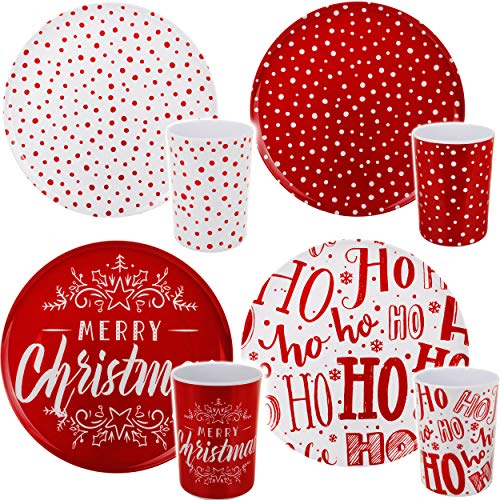 2 TLG. Geschirr Set: großer Teller + Trinkbecher Weihnachten & Punkte rot - weiß - Melamin Kunststoff - Speiseteller Ø 28 cm - Mehrweg - Flach - rund - Plät..