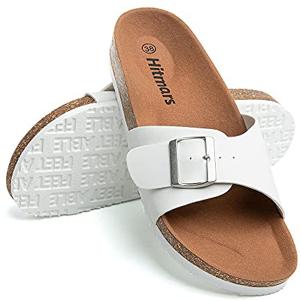 Hitmars Mules Femme Plate Sandale ete Femmes Semelle Liege Chausson Pantoufle Support de L'arche Chaussures Tongs Boucle Confort Blanche Taille 40 EU
