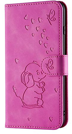 Norn for iPhone 11 Phone Case,Embossed Love Heart Elephant Butterfly Pattern Folding Stand PU Leather wallet case,shokproof Flip Cover Protective Case with Card Slots,Magnetic Closure,Purple Red