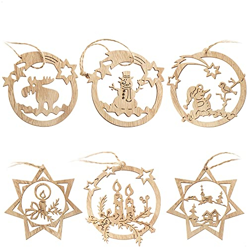 COM-FOUR® 6X Set de Colgantes de Madera para el árbol de Navidad - Adornos para el árbol de Navidad para Decorar - Adornos para el árbol de Navidad en Forma de Estrella y en diseño de Bola