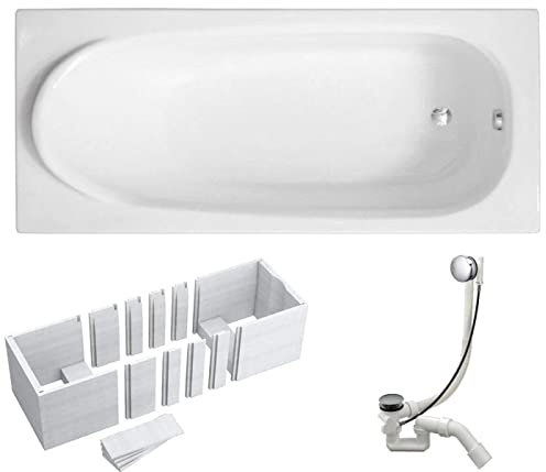 VBChome Badewanne 160x75 cm Acryl SET Siphon Wanne Rechteck Weiß Design Modern Wannenfüßen Ablaufgarnitur Chrome Viega Simplex (170x75 + Wannenträger)