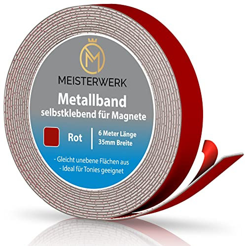 MEISTERWERK Metallband mit starkem Schaumstoffkleber | Magnetband | Magnetleiste selbstklebend (Rot) für Tonies, Magnete & Tonie Tribüne