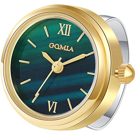 JewelryWe Ringuhr Fingeruhr Damen Analog Quarz Edelstahl Verstellbar Ring Uhr Fingerringuhr Uhrenring mit Grün Römischen Ziffern Rundem Zifferblatt und Gold Gehäuse