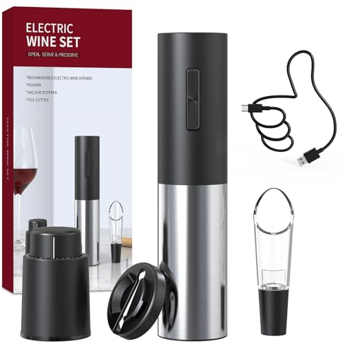 CIRCLE JOY 4-in-1 Electric Wine Bottle Opener Set Rechargeable Wine Openers Automatic Corkscrew with Foil Cutter, Wine Pourer and Wine Stopper, Wine Opener Set for Wine Lovers, Black Silver