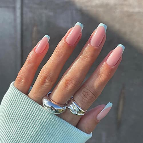 Sethexy Faux Ongles Français Carré Court Ongles a coller Vert Capsules Ongles Brillant 24 pièces Acrylique Ongles pour les femmes et les filles