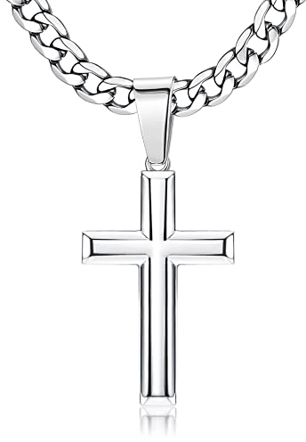 Chriscoco 925 Sterling Silber Kreuz Anhänger Halskette für Herren Damen Edelstahl Diamantschliff Figaro Kreuz Kette Halskette Poliert Abgeschrägten Kanten Kreuzanhänger Halskette