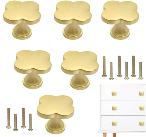 SSYHQAX 6 pcs Brass Four-Leaf Clover Knobs Handle,Gold Cabinet Knobs Cabinet Drawer Dresser Furniture Kitchen Wardrobe Bathroom Decorative Door Pulls Zinc Alloy Single Hole Handle (Gold)