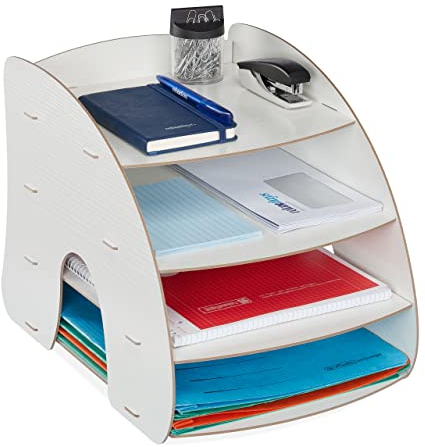 Relaxdays Dokumentenablage, 4 Fächer, Briefablage, Büro Organizer für A4 Papier, H x B x T: 27 x 25,5 x 34,5 cm, weiß