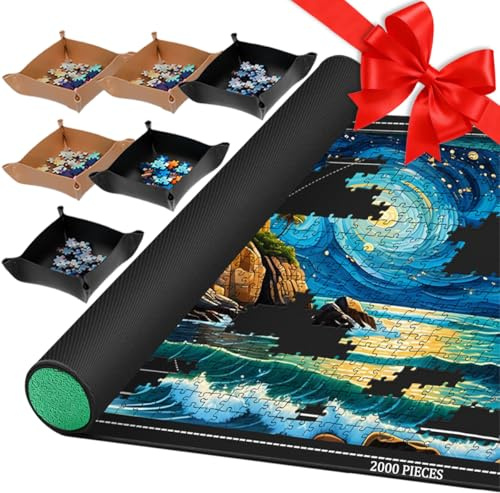 Pohxev Jigsaw Puzzle Mat Roll Up, Portable Saver Pad 48” x 31” Up to 2000 Pieces, Puzzles Matt Rollup with Non-Slip Rubber Bottom & Smooth Top. (6 Puzzle Sorting Trays & 1 Storage Bag)