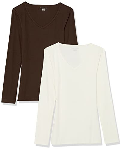 Amazon Essentials Camisas de Manga Larga con Cuello en V Acanalado y Corte Ajustado (Disponibles en Tallas Grandes) Mujer, Pack de 2, Cáscara de Huevo/Expresso, XXL