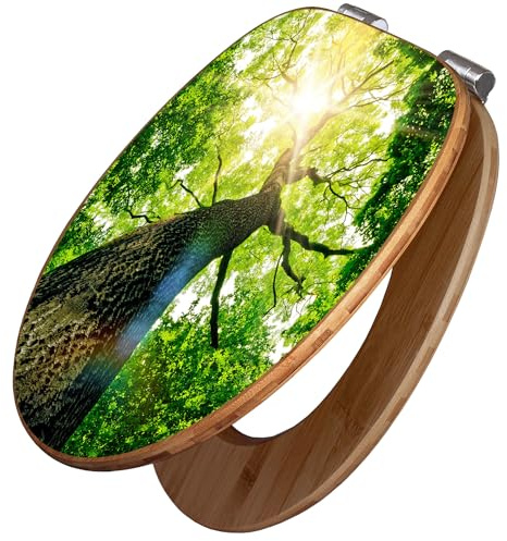 banjado Design WC Sitz Bambus Absenkautomatik 45,8x37,5cm - Toilettendeckel mit Absenkautomatik Holz - hochwertiger Bambus Klodeckel - WC-Sitz für gängigen Toiletten - Motiv Baumkrone