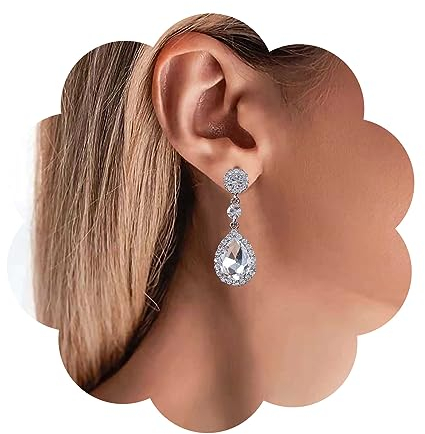 Yheakne Pendientes Vintage De Cristal De Lágrima De Diamantes De Imitación Cúbicos Cz Para Boda - Colgantes De Plata - Joyas Para Mujeres Y Niñas (Plata)