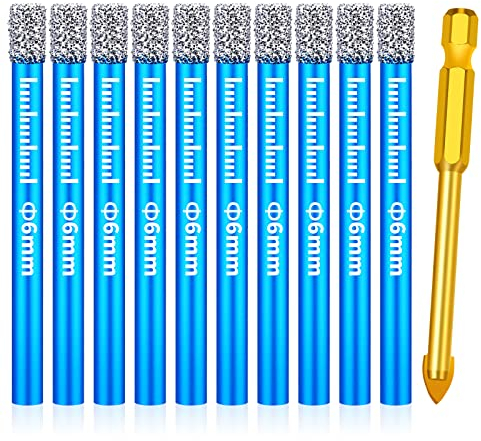 Juego de 11 brocas para azulejos duros, brocas de diamante de 6 mm y brocas de carburo de 6 mm para cerámica, granito, vidrio, porz