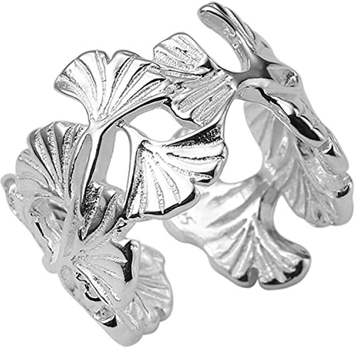 ZORILO Einstellbare personalisierte Ringe, modischer Ginkgo-Blatt-Ring, kreativer offener Silberring.