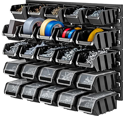KADAX Workshop Shelf, 58 x 39 cm, Tool Wall Shelf Made of Robust Plastic, UV-Resistant Storage System, Expandable Wall Plates, Workshop Wall Shelf for Garage (Black, 25 Pieces)