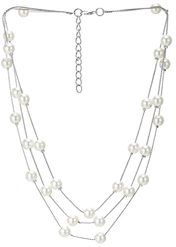 Statement Dichiarazione Collana con Pendente Tre Filoni Lunga Catena con Sintetico Bianco Perla Perlina, Elegante