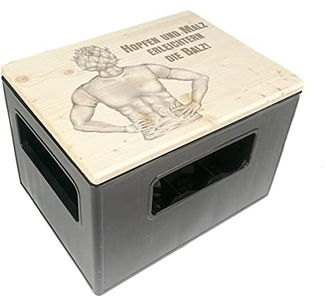 Limited Edition Bierkastensitz, Outdoor Hocker, Sitzauflage Vintage aus Holz für Getränkekisten mit Hopfenmann als Geschenkidee