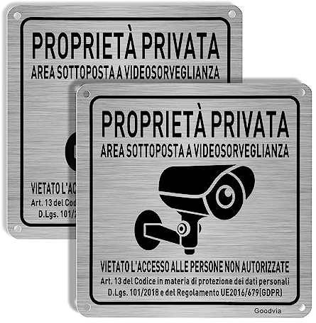 Goodvia Proprietà Privata Cartelli in Alluminio 15x15cm Area Sottoposta a Videosorveglianza Adesivo GDPR, Cartelli Area Videosorvegliata per Esterno e Interno