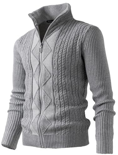 Harbrosrce Men's Cable Knit Cardigan Stand Collar Sweaters Slim Fit Full Zip Jumper Casual Knitwear Grey