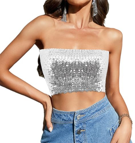 Naimo Top da Donna con Paillette Bandeau Top Senza Spalline Crop Top Sexy Top a Sirena per Feste Club