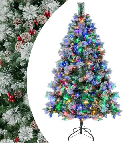 SPOTRAVEL 6 FT/7FT Pre-Lit Xmas Tree, Hinged Artificial Christmas Tree with 747/1116 Branch Tips, 350/400 LED Lights, Pine Cones & Red Berries, Holiday Decoration Tree for Home Office Party (6 FT)