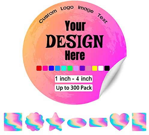 300 Stück Personalisierte Aufkleber Mehrfarbige Etiketten Angepasst von jedem Text & Bild oder Eigenes Design gedruckt in mehreren Formen