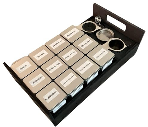 Luxus - Teebox schwarz 12 Fächer - Teebehälter - Komplett - Tee-Set - Inklusive - Teeablage schwarz - 12x Teekanne 100 Gramm - 2x Teekanne - Teekanne - Messlöffel - Teegeschenk - Teepaket