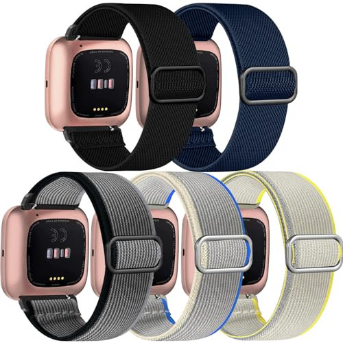 Chinbersky 5 Stück Armband Kompatibel mit Fitbit Versa 2/Versa/Versa Lite/SE für Frauen Männer - Verstellbares Dehnbares Nylon Sport Ersatzarmband