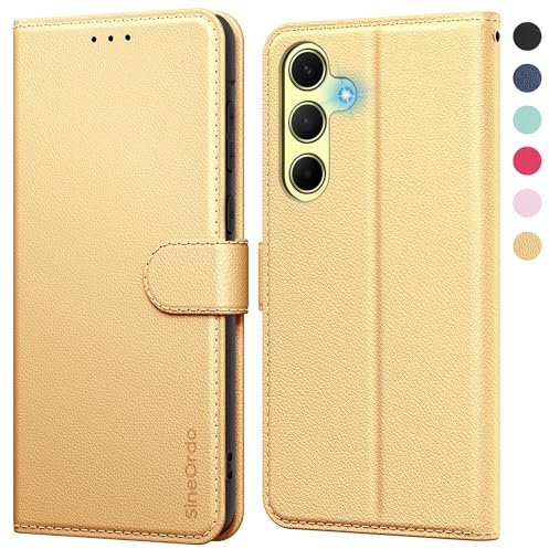 SineOrdo Handyhülle für Samsung Galaxy A55 5G Hülle, Premium Leder [Kartenfach] [Standfunktion] Magnet Schutzhülle Klappbar Flip Case Klapphülle für Samsung Galaxy A55 5G, Gold