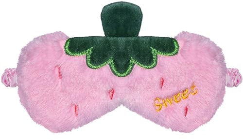 Ulife Mall Nette Erdbeere Kinder Schlafmaske, Lustige Weiche Flauschige Cartoon Augenmaske Plüsch Erdbeere Seide Augenbinde für Mädchen Jungen Frauen Männer Party&Reisen(Hellrosa, Erdbeere)