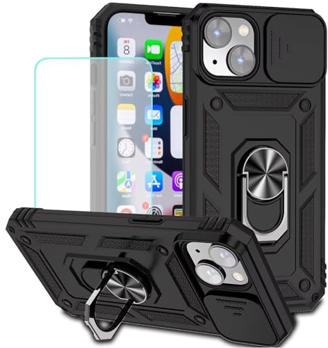 Jhxtech iPhone 14 Plus Case 6.7 with Tempered Glass Screen Protector, Slide Camera Cover, Magnetic Ring Car Mount Holder, Black