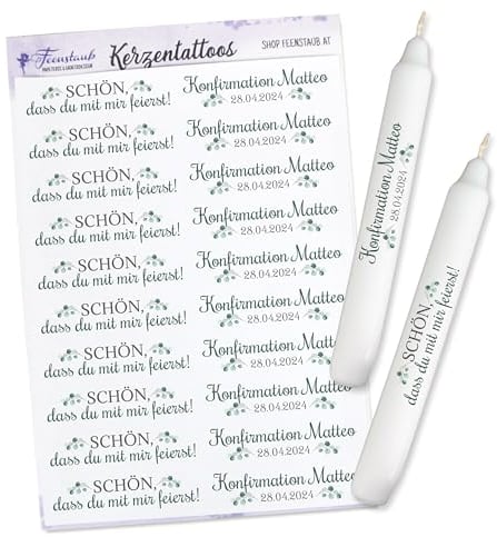 FEENSTAUB Kerzen Tattoos für die Erstkommunion, personalisierte Gastgeschenk selber machen, Tischdeko, Aufkleber für Kerzen, Eukalyptus, DIY Give-Aways, bedruckte Folie für Kerzen