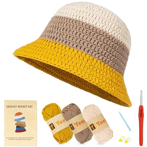Yeezhee Häkelset für Anfänger, Häkeln Eimer Hut Starter Kit mit Schritt-für-Schritt-Video-Tutorials, Hutstrickset inklusive Garn, Häkelnadel (Morning Fields)